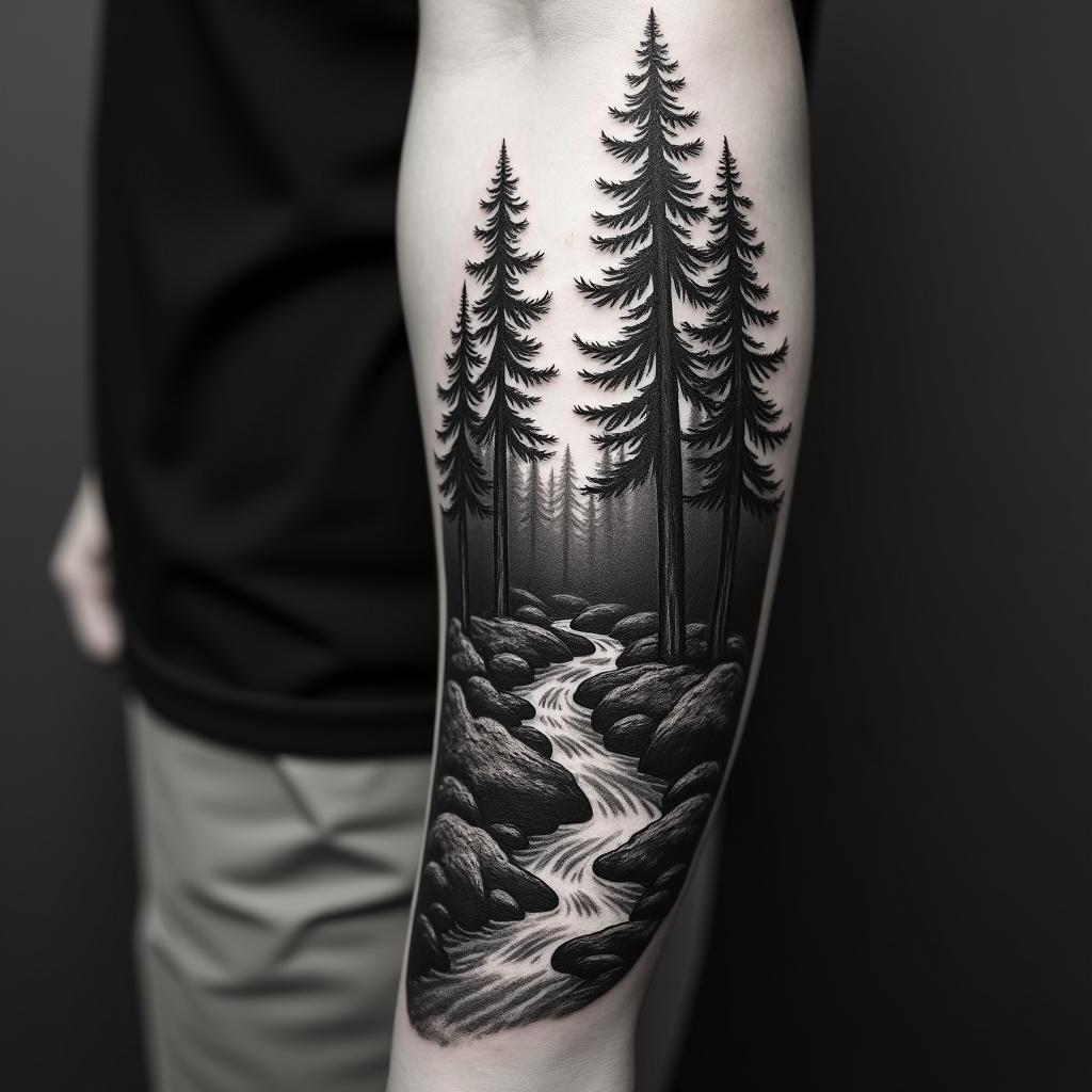Pine tree forest with streamin realism tattoo style, featuring a highly detailed, lifelike, capturing every detail, photorealistic, ultra realistic, intricate shading, smooth and sharp,   - Variation 4