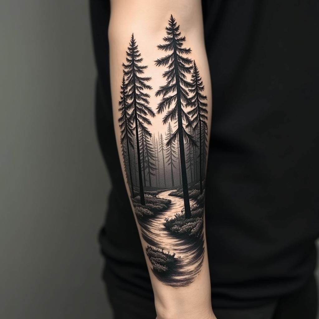 Pine tree forest with streamin realism tattoo style, featuring a highly detailed, lifelike, capturing every detail, photorealistic, ultra realistic, intricate shading, smooth and sharp,
