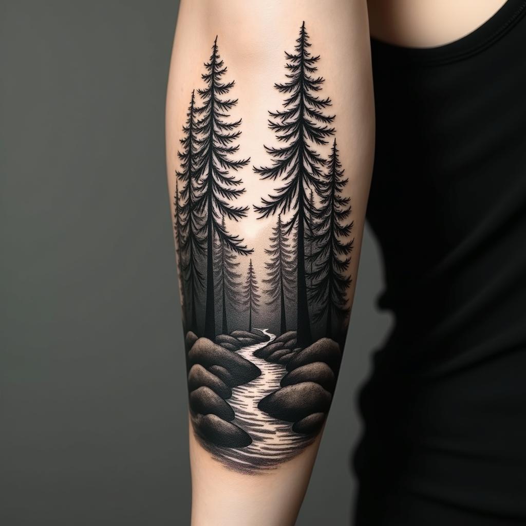 Pine tree forest with streamin realism tattoo style, featuring a highly detailed, lifelike, capturing every detail, photorealistic, ultra realistic, intricate shading, smooth and sharp,   - Variation 3