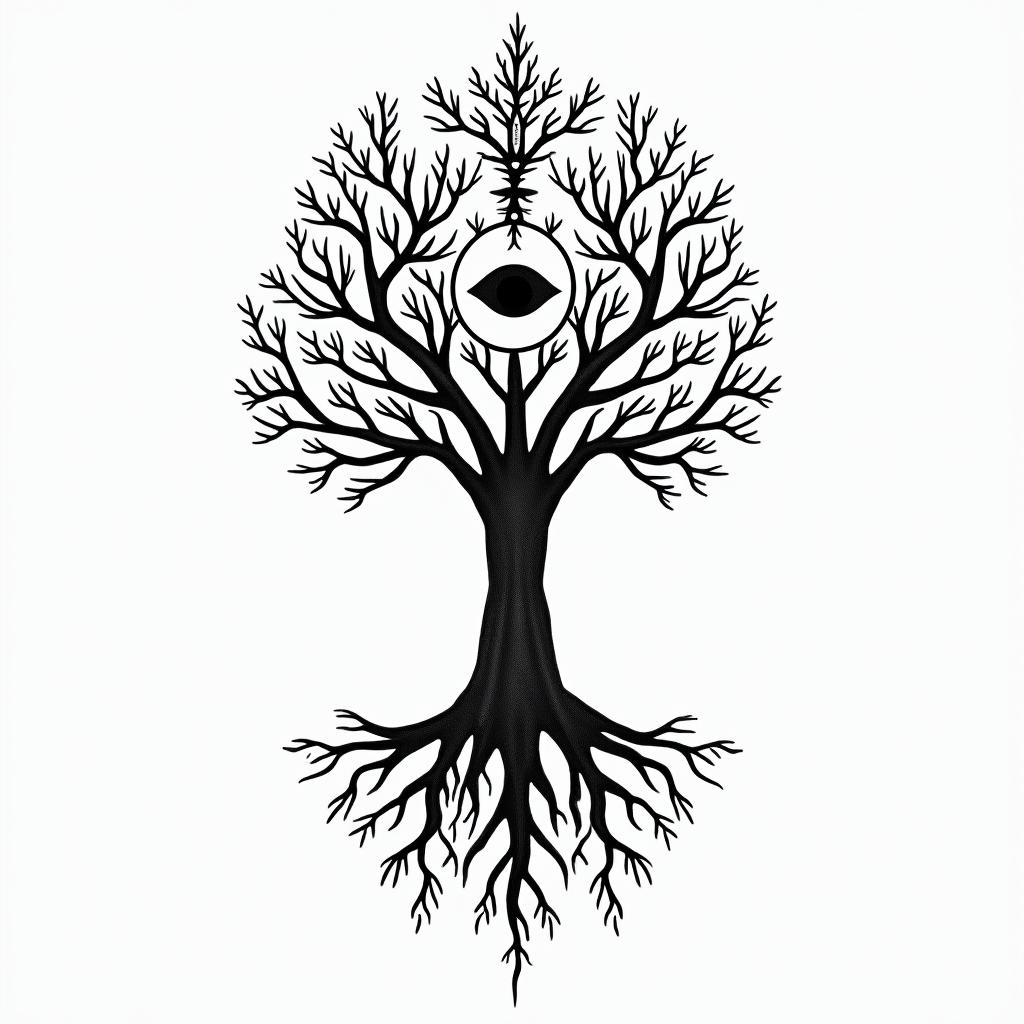 Tree of life with roots and branchesin spiritual symbols tattoo style, featuring an intricate design incorporating elements, Hamsa hand, third eye, minimalist composition - Variation 5