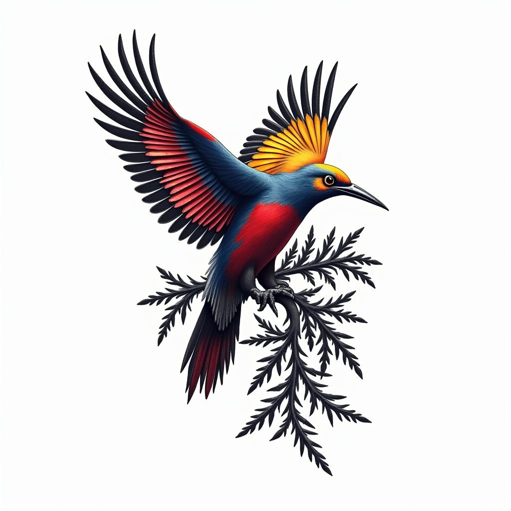 A tattoo design featuring the Cuban flag intertwined with the national bird, the Cuban Trogon, symbolizing Cuban heritage and identity. The design showcases vibrant colors of the flag, with the bird elegantly perched or flying, blending traditional and modern tattoo styles.higly detailed tattoo
