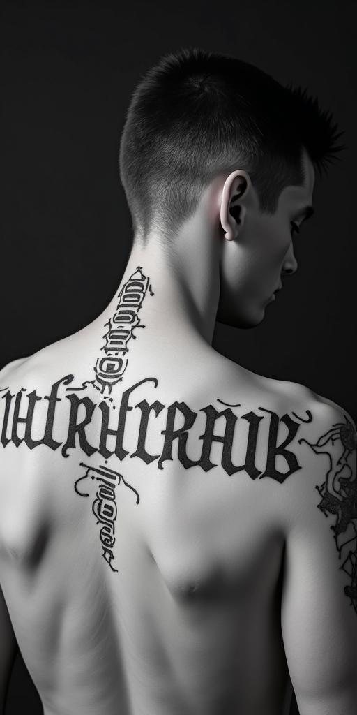 Cristian chicktext-based tattoo, gothic font ultra-realistic, perfectly placed, high-quality font design, photo-realistic shading, 8k, high quality, finely detailed typography