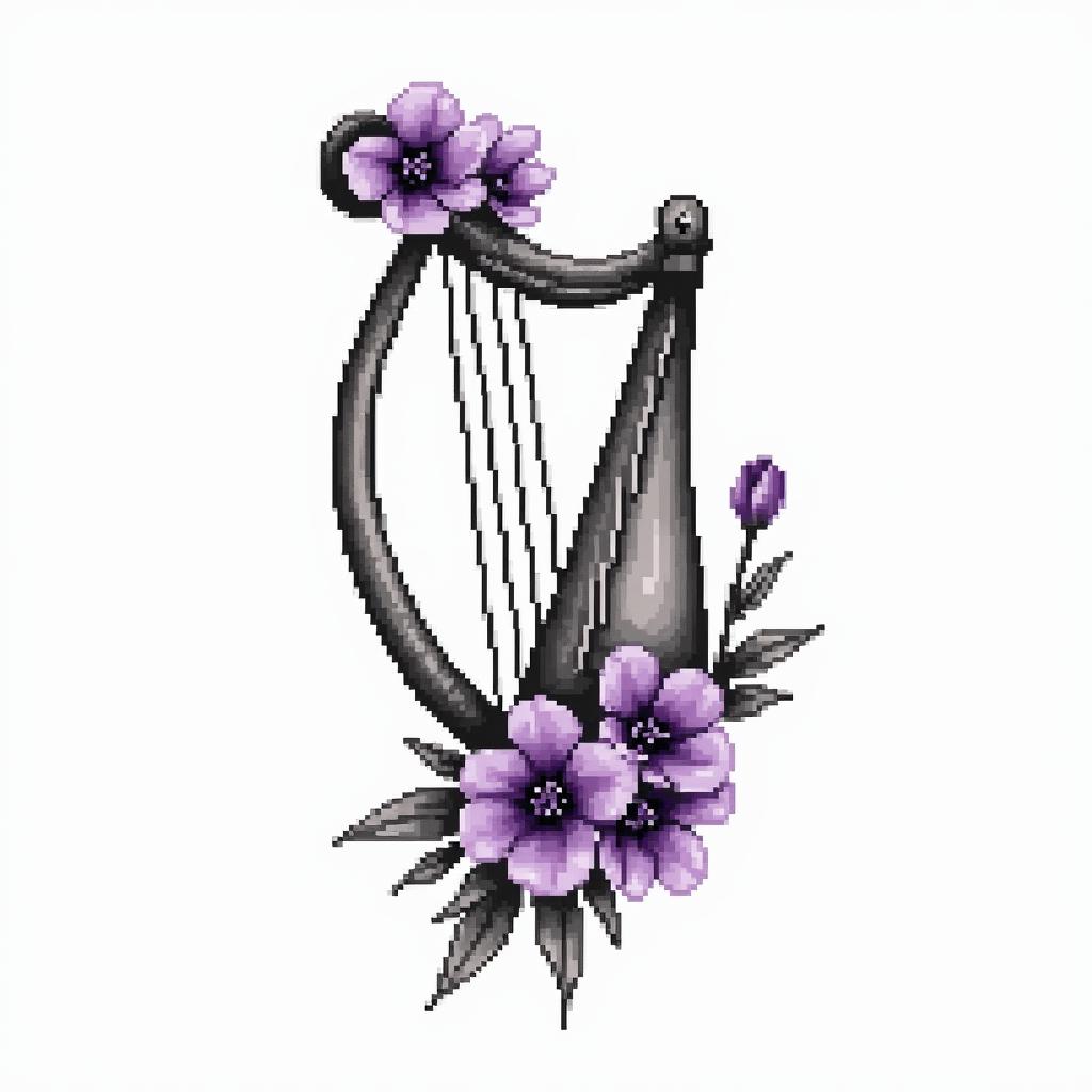 Delicate Harp with violet flowersin 8-bit tattoo style, minimalistic pixel style tattoo, pixel art with simplified shapes and retro gaming visuals, inspired by 8-bit pixel based detailing - Variation 2
