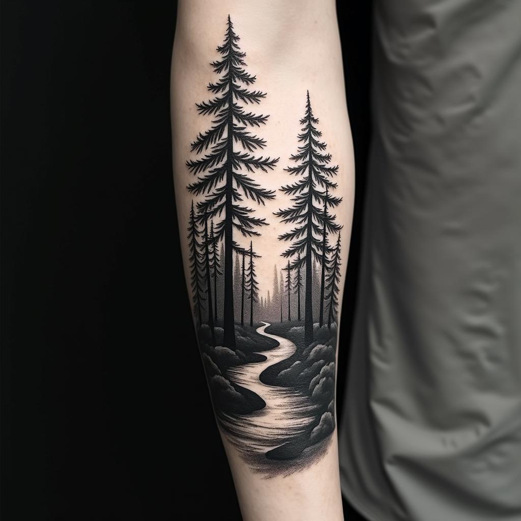 Pine tree forest with streamin authentic tattoo style, incorporating traditional modifications, bold black outlines, solid color fills, featuring classic authentic elements - Variation 3