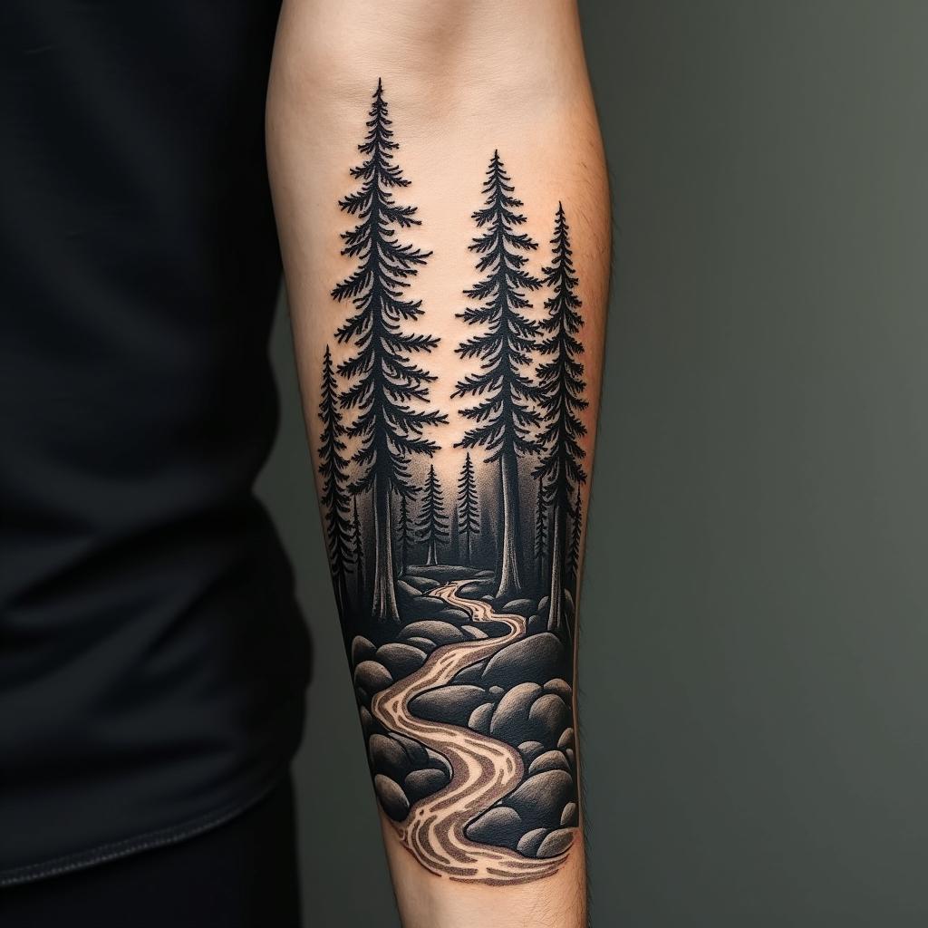 Pine tree forest with streamin authentic tattoo style, incorporating traditional modifications, bold black outlines, solid color fills, featuring classic authentic elements - Variation 4
