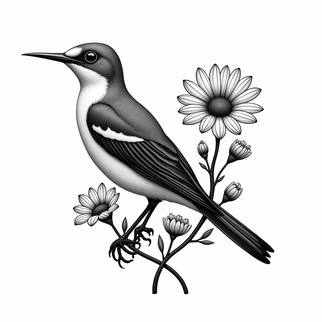 Scissor tailed flycatcher surrounded by Indian blanket flowersin new school tattoo, pop culture, modern, detailed tattoo, illustrative - Variation 2