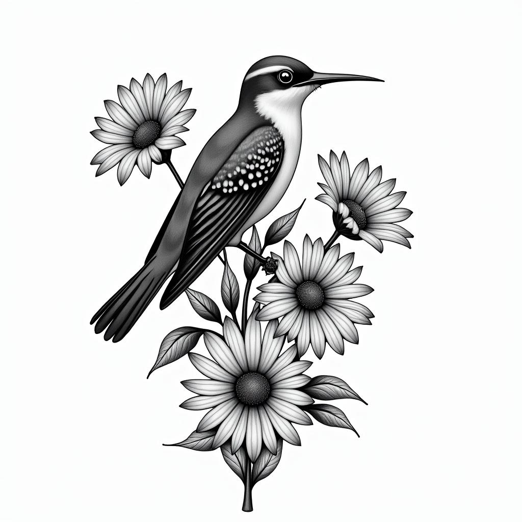 Scissor tailed flycatcher surrounded by Indian blanket flowersin new school tattoo, pop culture, modern, detailed tattoo, illustrative