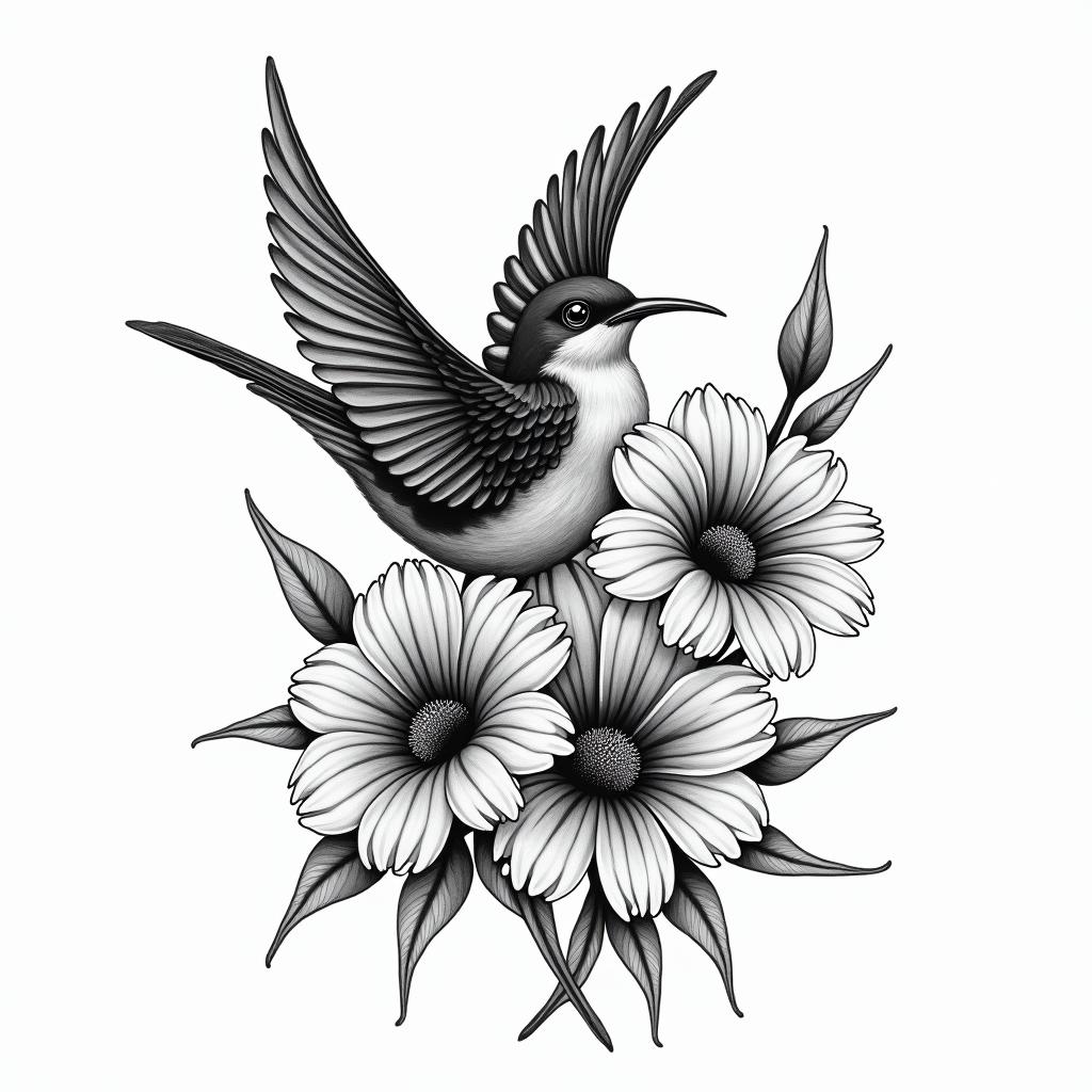 Scissor tailed flycatcher surrounded by Indian blanket flowersin new school tattoo, pop culture, modern, detailed tattoo, illustrative - Variation 4