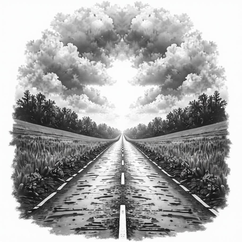 Collage A road with clouds halfway and a rain bow bright at the end. On the stormy side garbage along with drugs alcohol trash tears lottery tickets and at the end a car collision family brought back together pot of gold or moneyin bohemian style tattoo, 8k - Variation 4