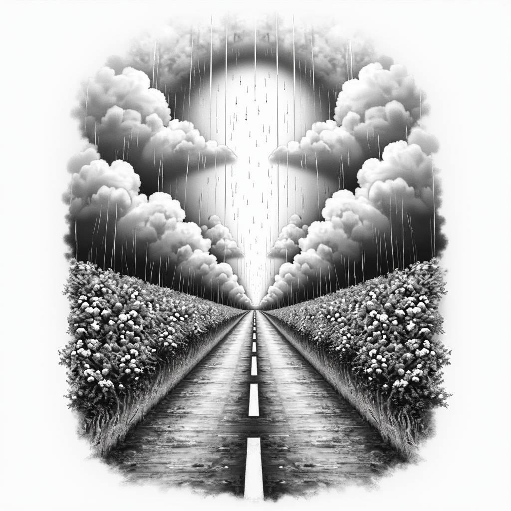 Collage A road with clouds halfway and a rain bow bright at the end. On the stormy side garbage along with drugs alcohol trash tears lottery tickets and at the end a car collision family brought back together pot of gold or moneyin bohemian style tattoo, 8k