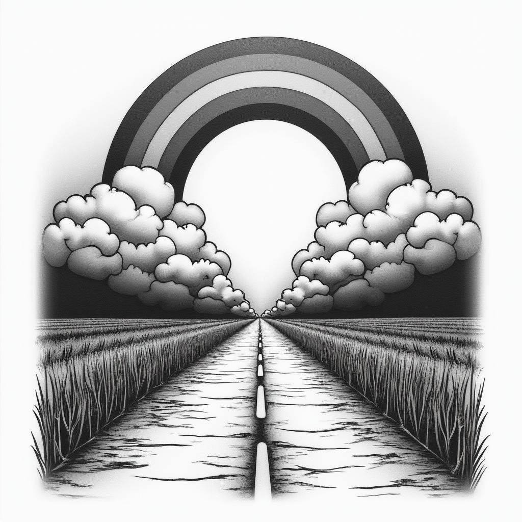 Collage A road with clouds halfway and a rain bow bright at the end. On the stormy side garbage along with drugs alcohol trash tears lottery tickets and at the end a car collision family brought back together pot of gold or moneyin bohemian style tattoo, 8k - Variation 3
