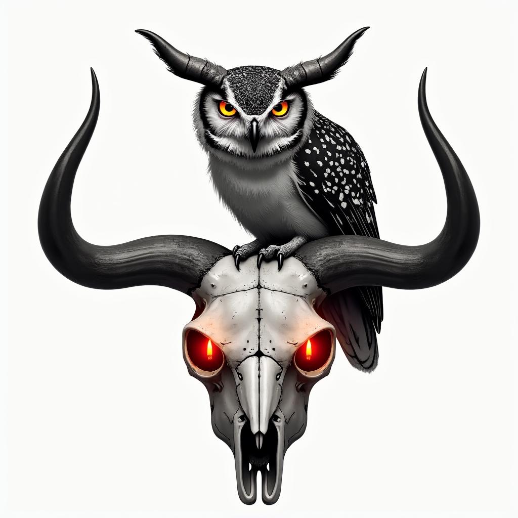 A horned owl perched onto a Brahma
bull skull with red candles burning in the skills eye sockets with the owl having glowing yellow eyes with steam coming off of themin portrait tattoo style, featuring a highly realistic and detailed depiction - Variation 3