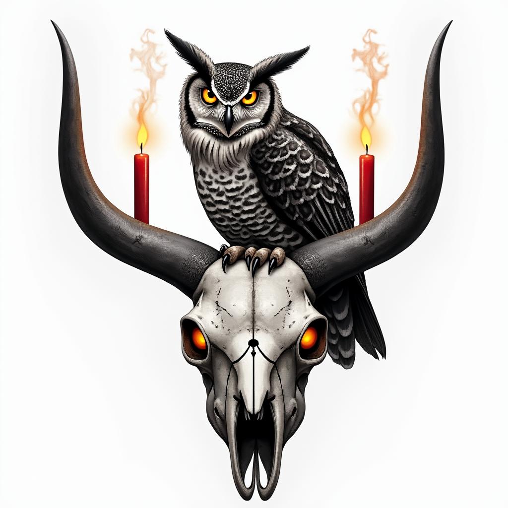 A horned owl perched onto a Brahma
bull skull with red candles burning in the skills eye sockets with the owl having glowing yellow eyes with steam coming off of themin portrait tattoo style, featuring a highly realistic and detailed depiction - Variation 2