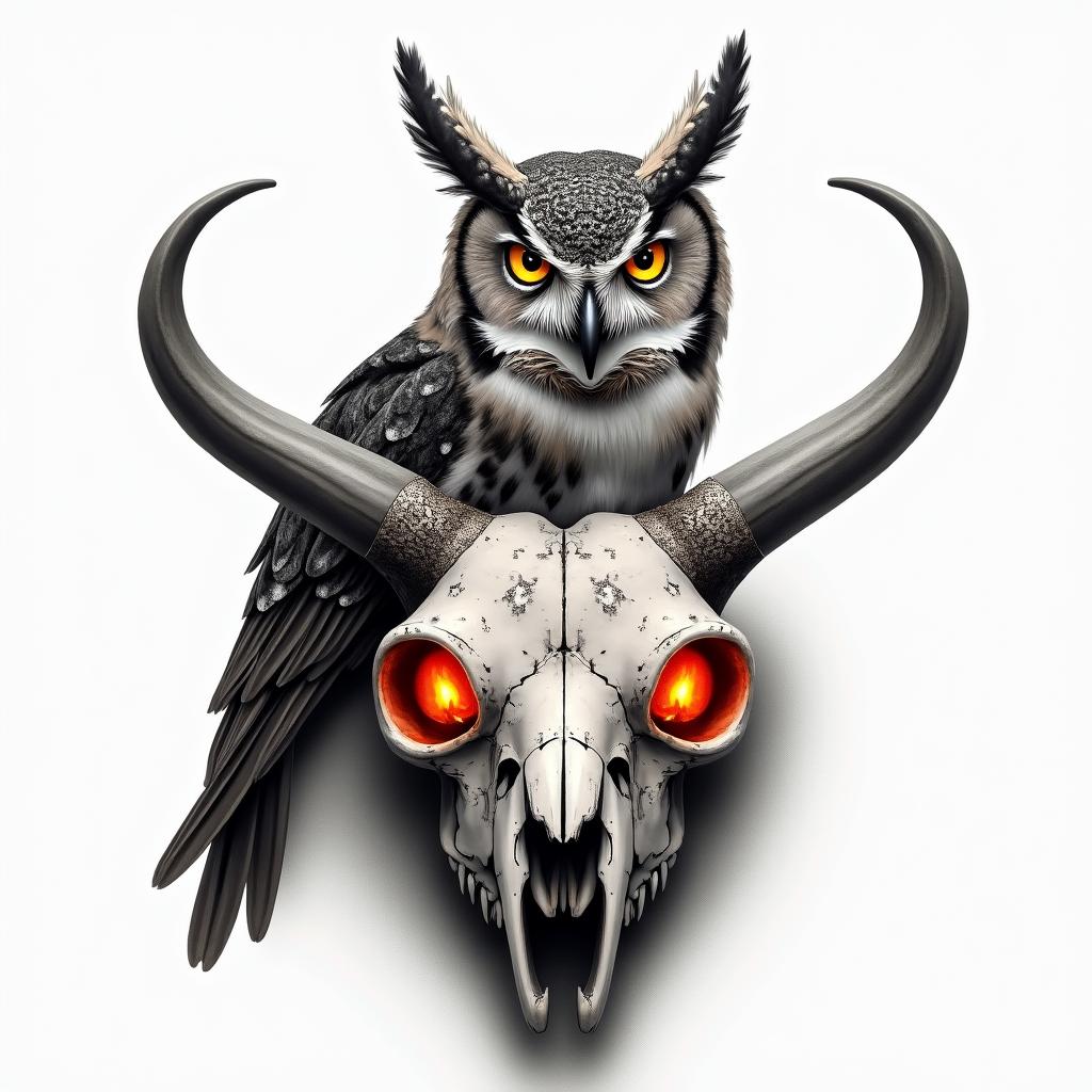 A horned owl perched onto a Brahma
bull skull with red candles burning in the skills eye sockets with the owl having glowing yellow eyes with steam coming off of themin portrait tattoo style, featuring a highly realistic and detailed depiction