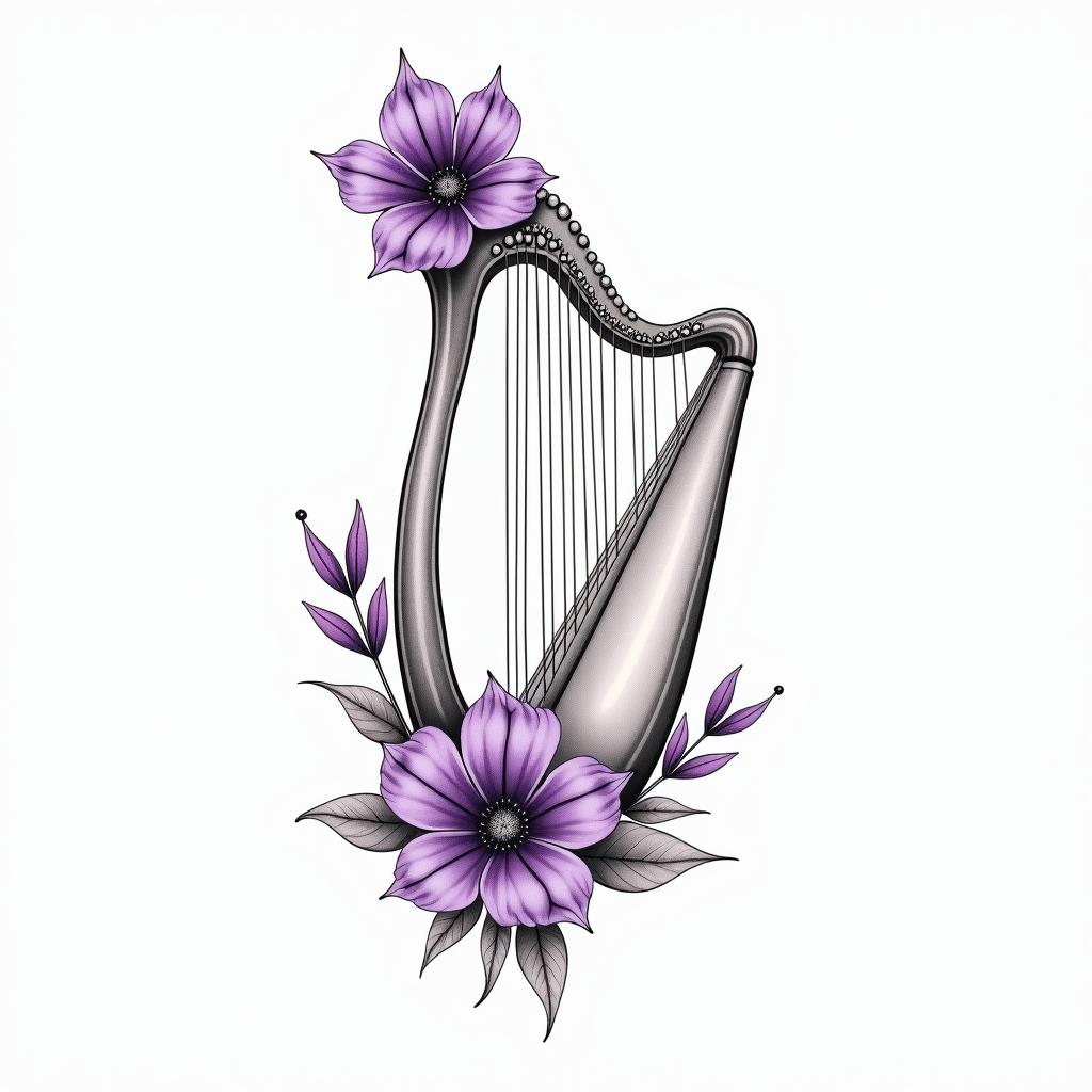 Delicate Harp with violet flowersin Modest style tattoo, featuring soft, delicate line work with simple and meaningful symbols, gentle waves, a heart, evoking a sense of serenity and grace,