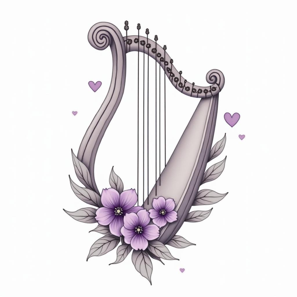 Delicate Harp with violet flowersin Modest style tattoo, featuring soft, delicate line work with simple and meaningful symbols, gentle waves, a heart, evoking a sense of serenity and grace, - Variation 4