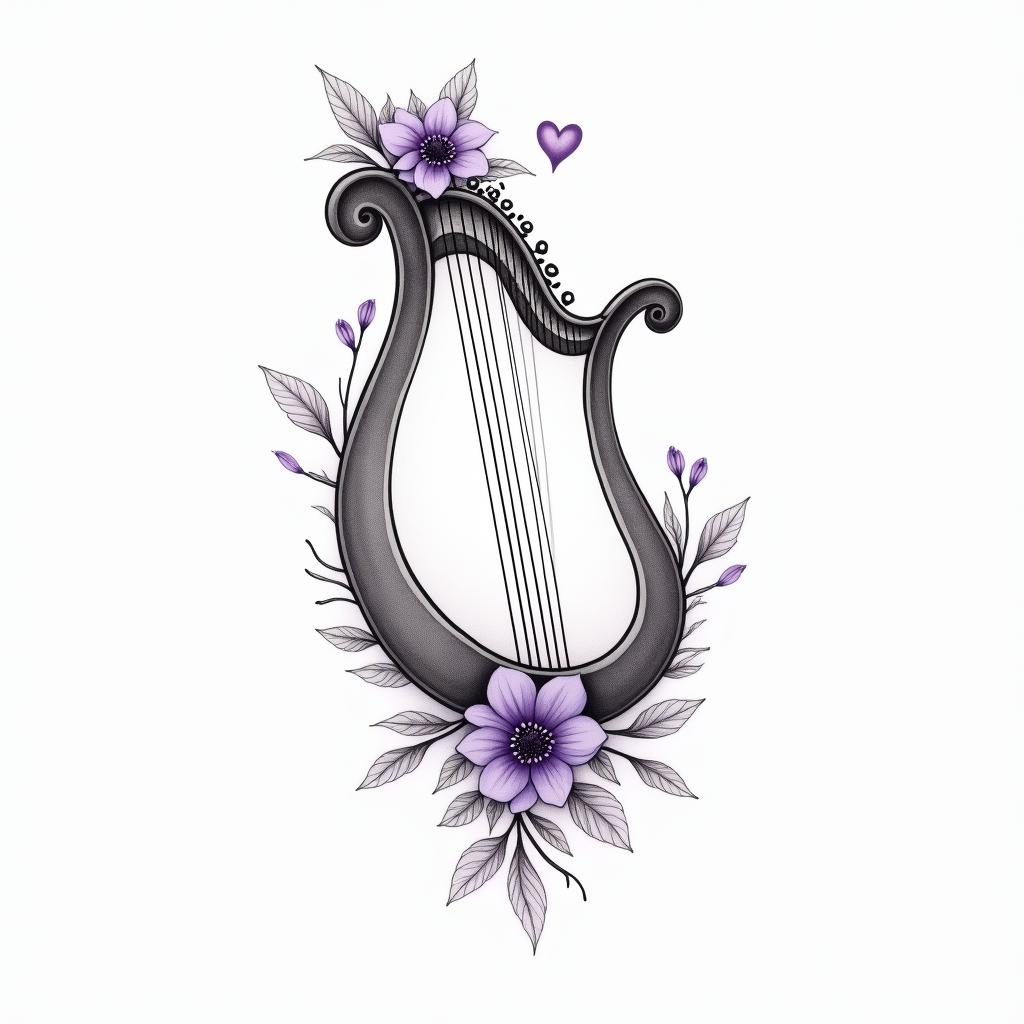 Delicate Harp with violet flowersin Modest style tattoo, featuring soft, delicate line work with simple and meaningful symbols, gentle waves, a heart, evoking a sense of serenity and grace, - Variation 3