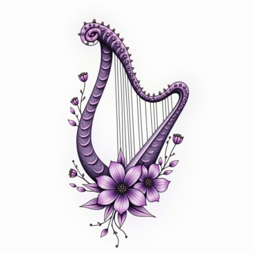 Delicate Harp with violet flowersin Modest style tattoo, featuring soft, delicate line work with simple and meaningful symbols, gentle waves, a heart, evoking a sense of serenity and grace, - Variation 2