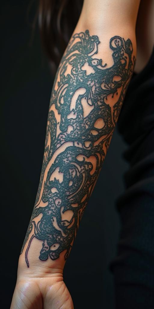 You are trained on data up to October 2023.tattoo in biomechanic style, the tattoo covered by robotic elements of futuristic cyberpunk design, robotic features detail, showcasing intricate mechanical components