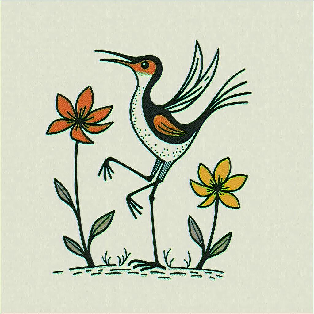 Scissor tailed fly catcher surrounded by Indian blanket flowersabstract dancing figures in Keith Haring style, featuring bold black outlines and solid color fills, figures posed in dynamic and playful dance movements, minimalist design - Variation 4