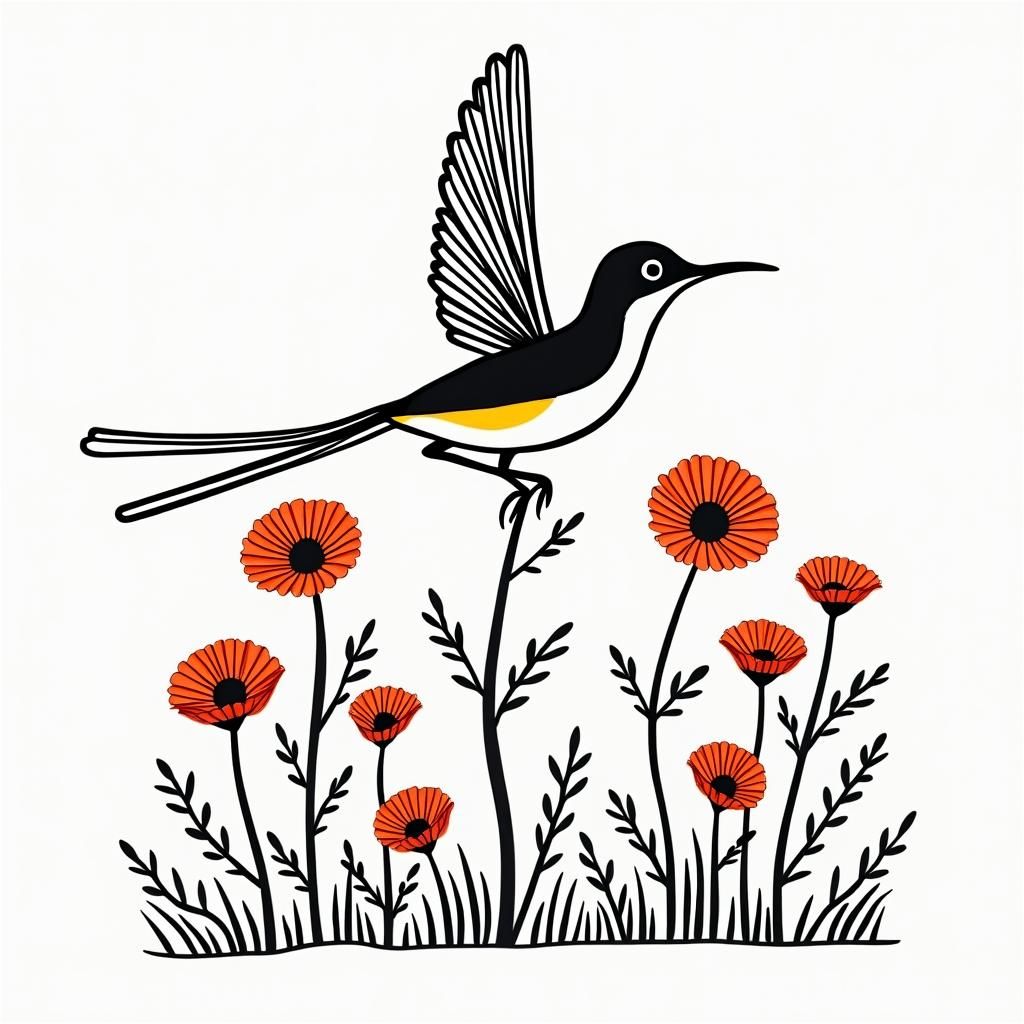 Scissor tailed fly catcher surrounded by Indian blanket flowersabstract dancing figures in Keith Haring style, featuring bold black outlines and solid color fills, figures posed in dynamic and playful dance movements, minimalist design