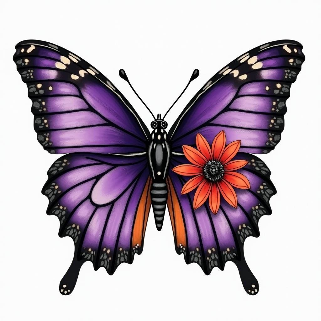 Purple butterfly with a red cardinal and Black eyes Susan flowersin authentic tattoo style, incorporating traditional modifications, bold black outlines, solid color fills, featuring classic authentic elements - Variation 7