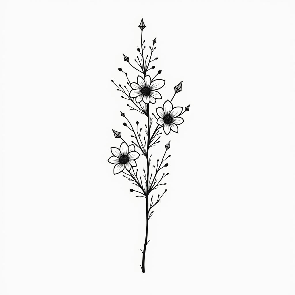 Small floral bouquet, fine line, minimalin minimalist style tattoo, featuring simple shapes and fine lines, with minimal shading and details, tiny triangles, creating a sense of balance and harmony - Variation 4