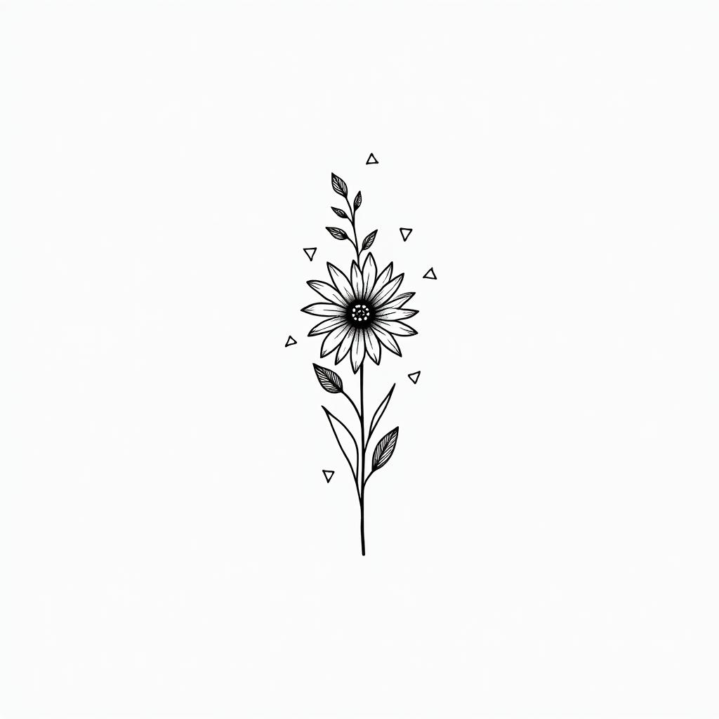 Small floral bouquet, fine line, minimalin minimalist style tattoo, featuring simple shapes and fine lines, with minimal shading and details, tiny triangles, creating a sense of balance and harmony