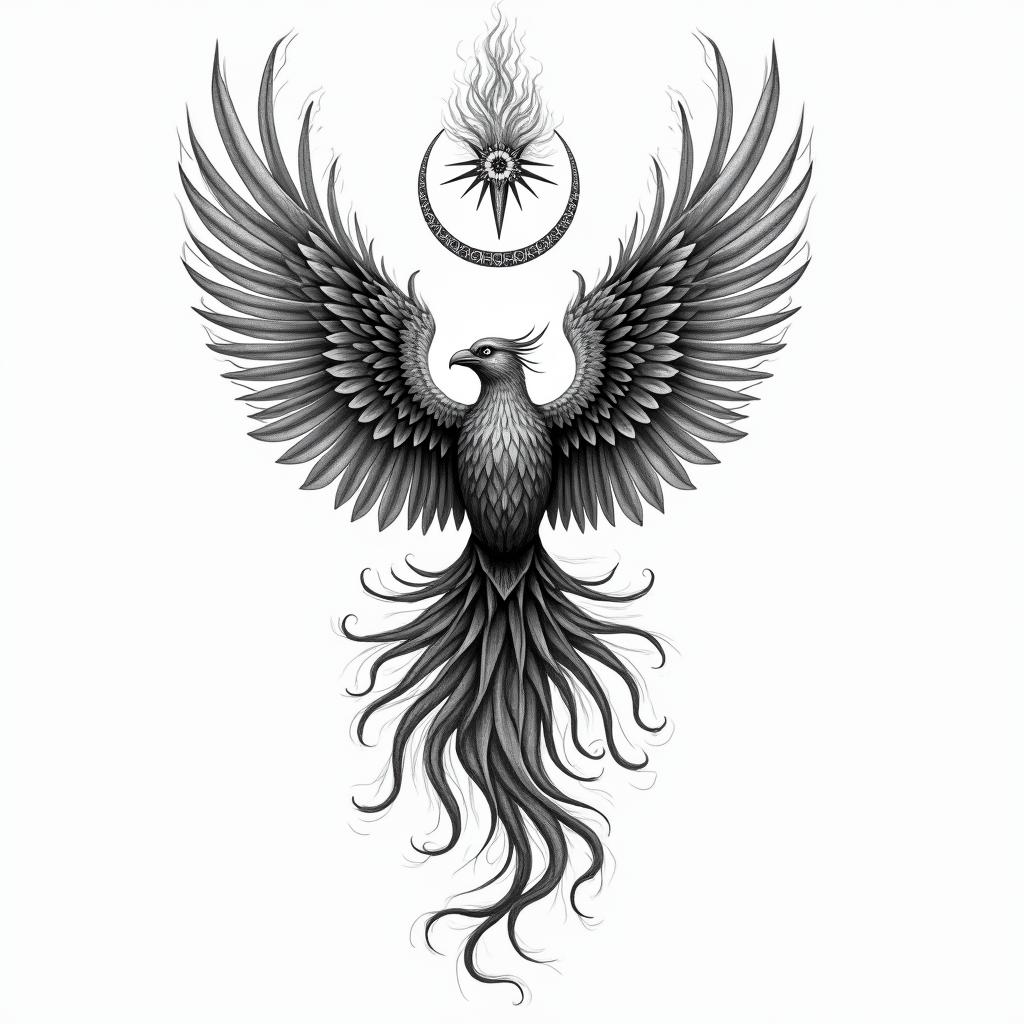 Flying phoenix with fire i still risein paganic style tattoo, featuring ancient symbols, add vegvisir symbol, mystical figures, incorporating designs, pentagrams, runes, crescent moons, - Variation 6