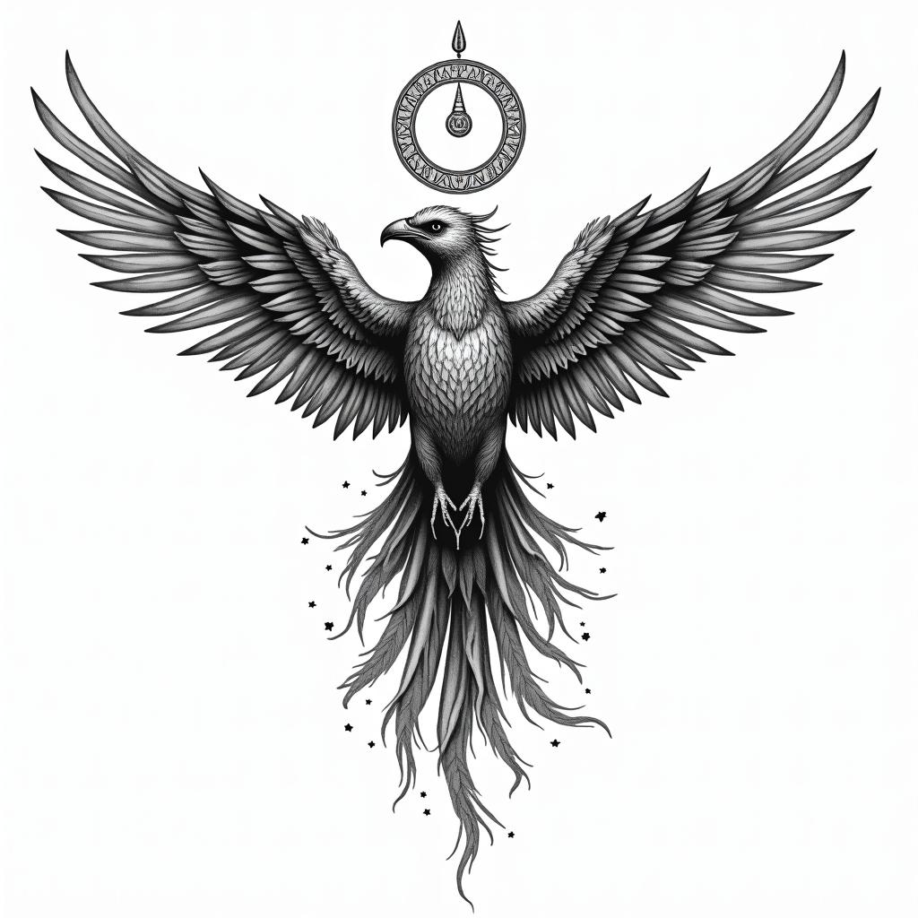 Flying phoenix with fire i still risein paganic style tattoo, featuring ancient symbols, add vegvisir symbol, mystical figures, incorporating designs, pentagrams, runes, crescent moons, - Variation 7