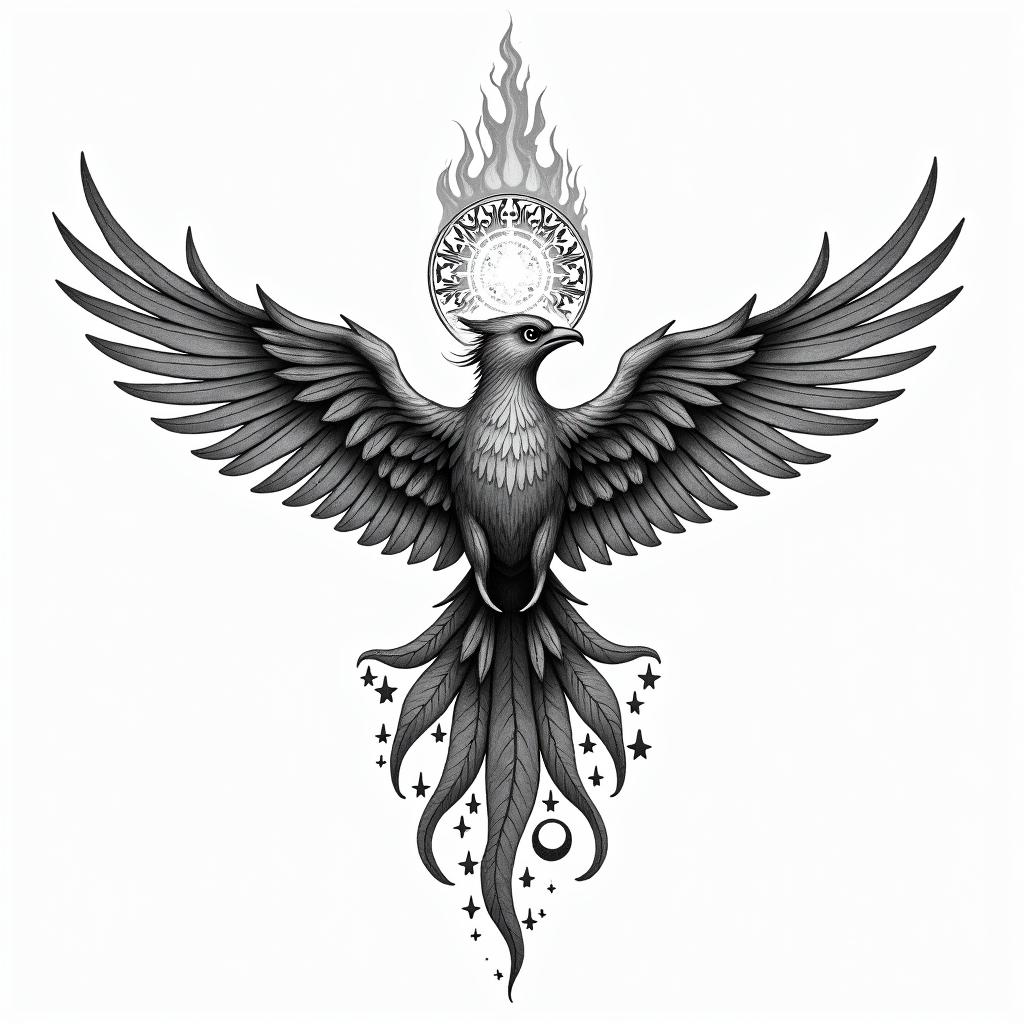 Flying phoenix with fire i still risein paganic style tattoo, featuring ancient symbols, add vegvisir symbol, mystical figures, incorporating designs, pentagrams, runes, crescent moons, - Variation 5