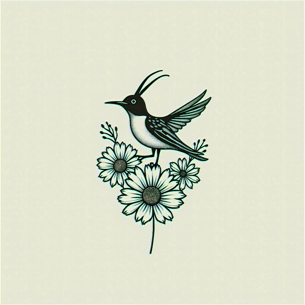 Scissor tailed fly catcher surrounded by Indian blanket flowersin 8-bit tattoo style, minimalistic pixel style tattoo, pixel art with simplified shapes and retro gaming visuals, inspired by 8-bit pixel based detailing - Variation 3