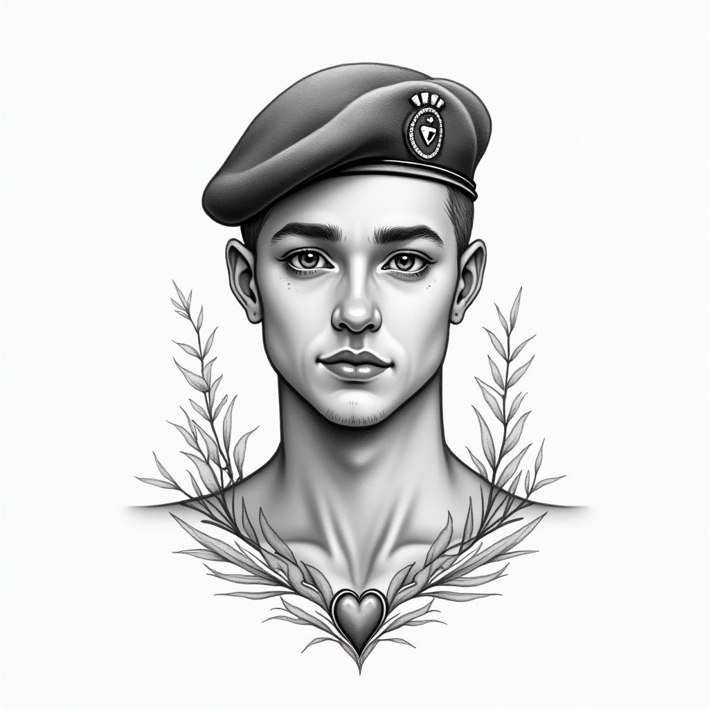 American Soldier, LGBTin Modest style tattoo, featuring soft, delicate line work with simple and meaningful symbols, gentle waves, a heart, evoking a sense of serenity and grace, - Variation 5