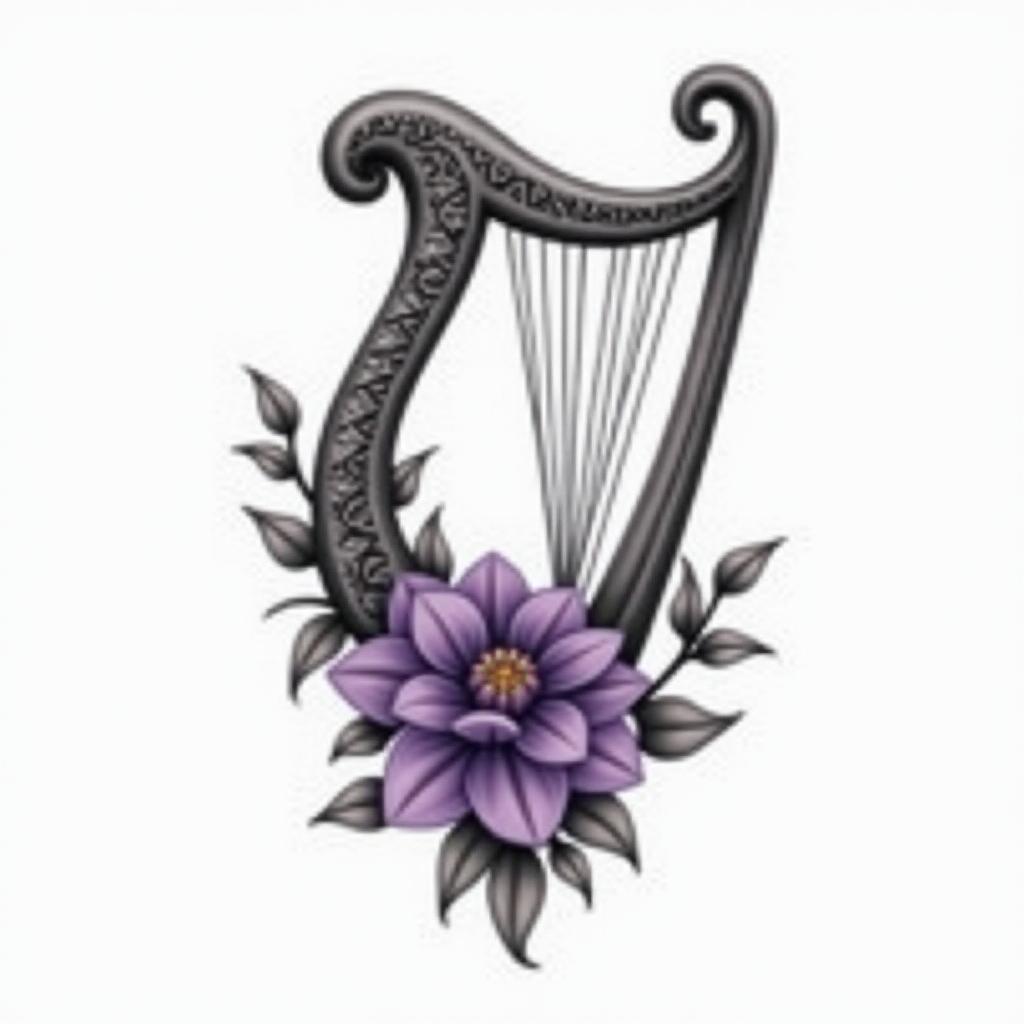 Delicate Harp with violet flowersin ornamental tattoo style, featuring intricate symmetrical patterns and floral designs, showcasing highly detailed line work and geometric shapes, creating a sense of elegance and balance
