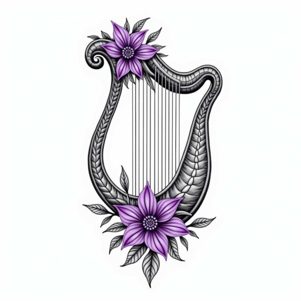 Delicate Harp with violet flowersin ornamental tattoo style, featuring intricate symmetrical patterns and floral designs, showcasing highly detailed line work and geometric shapes, creating a sense of elegance and balance - Variation 3