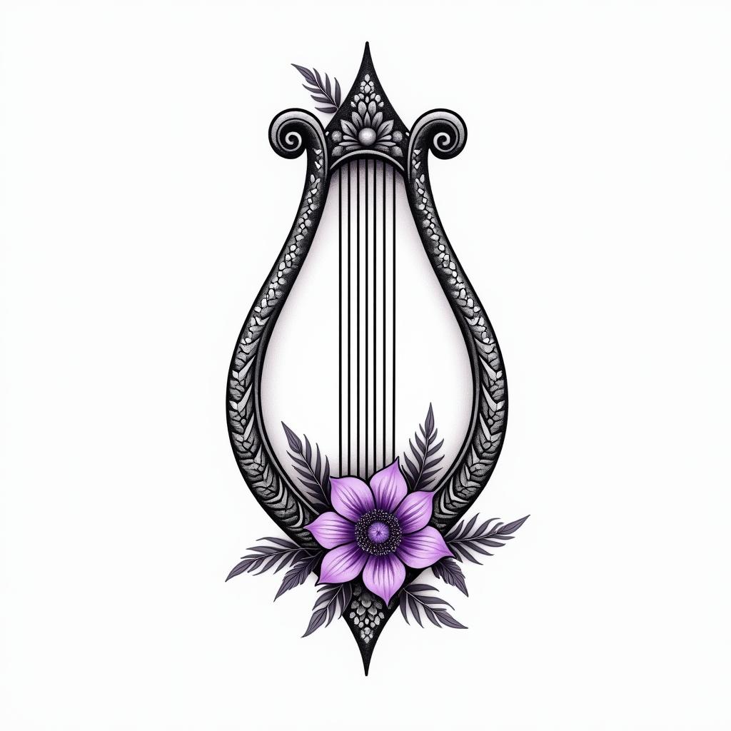 Delicate Harp with violet flowersin ornamental tattoo style, featuring intricate symmetrical patterns and floral designs, showcasing highly detailed line work and geometric shapes, creating a sense of elegance and balance - Variation 2