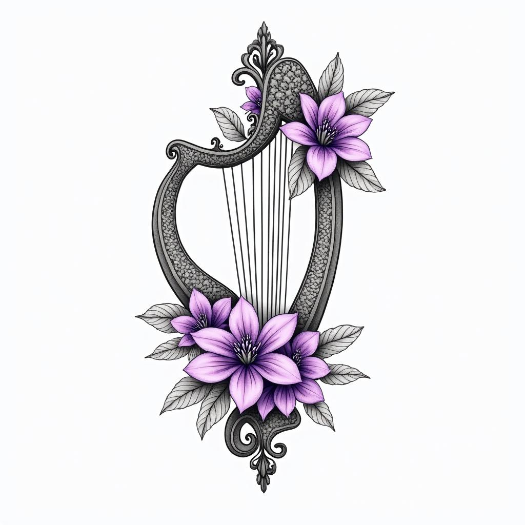 Delicate Harp with violet flowersin ornamental tattoo style, featuring intricate symmetrical patterns and floral designs, showcasing highly detailed line work and geometric shapes, creating a sense of elegance and balance - Variation 4