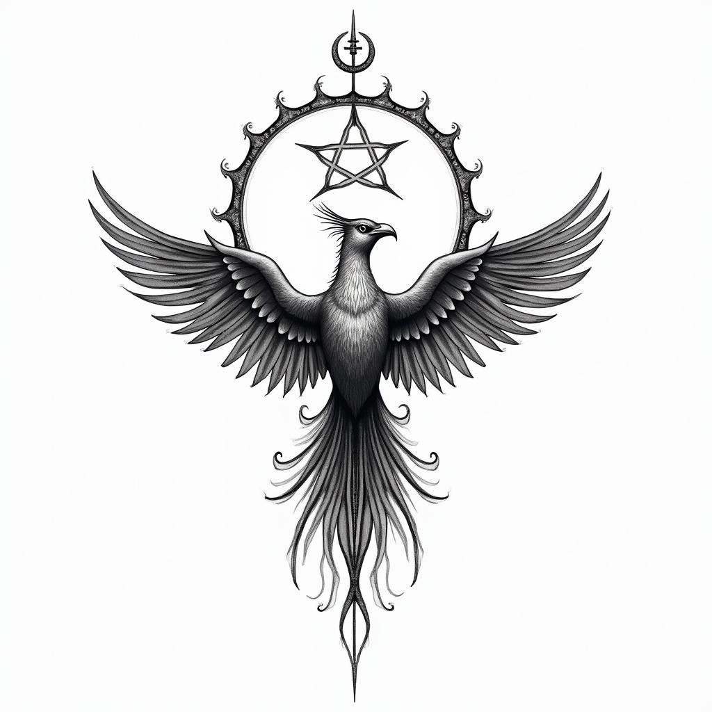 Flying phoenix with fire i still risein paganic style tattoo, featuring ancient symbols, add vegvisir symbol, mystical figures, incorporating designs, pentagrams, runes, crescent moons,