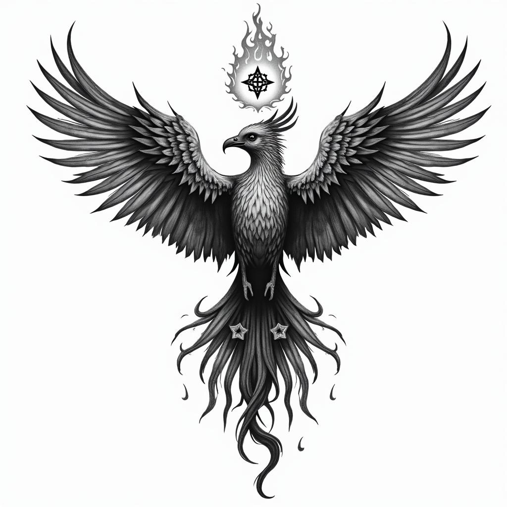 Flying phoenix with fire i still risein paganic style tattoo, featuring ancient symbols, add vegvisir symbol, mystical figures, incorporating designs, pentagrams, runes, crescent moons, - Variation 2