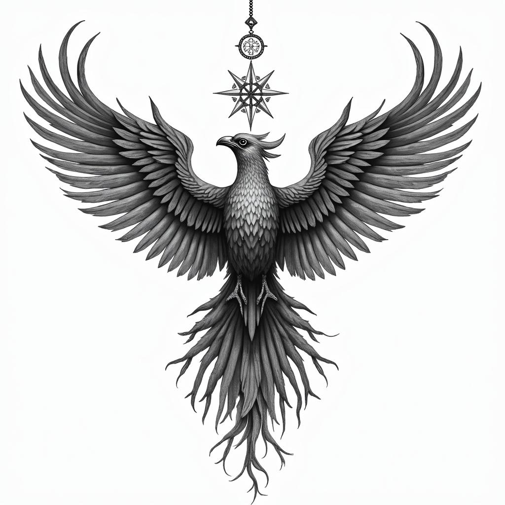 Flying phoenix with fire i still risein paganic style tattoo, featuring ancient symbols, add vegvisir symbol, mystical figures, incorporating designs, pentagrams, runes, crescent moons, - Variation 4
