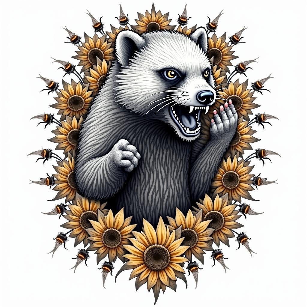 An angry honey badger surrounded by honey combs and bees flipping you off with just its middle finger sticking out away from its body. Made in full color not black and whitein ornamental tattoo style, featuring intricate symmetrical patterns and floral designs, showcasing highly detailed line work and geometric shapes, creating a sense of elegance and balance