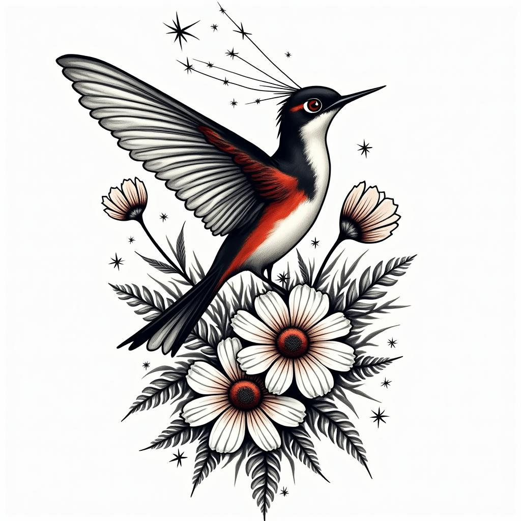 Scissor tailed fly catcher surrounded by Indian blanket flowersin graffiti style tattoo, featuring bold and dynamic street art elements, spray-paint texture with exaggerated lines and expressive, chaotic brushstrokes, intricate lettering incorporated with graffiti tags, symbols like hearts, stars, and wings - Variation 4
