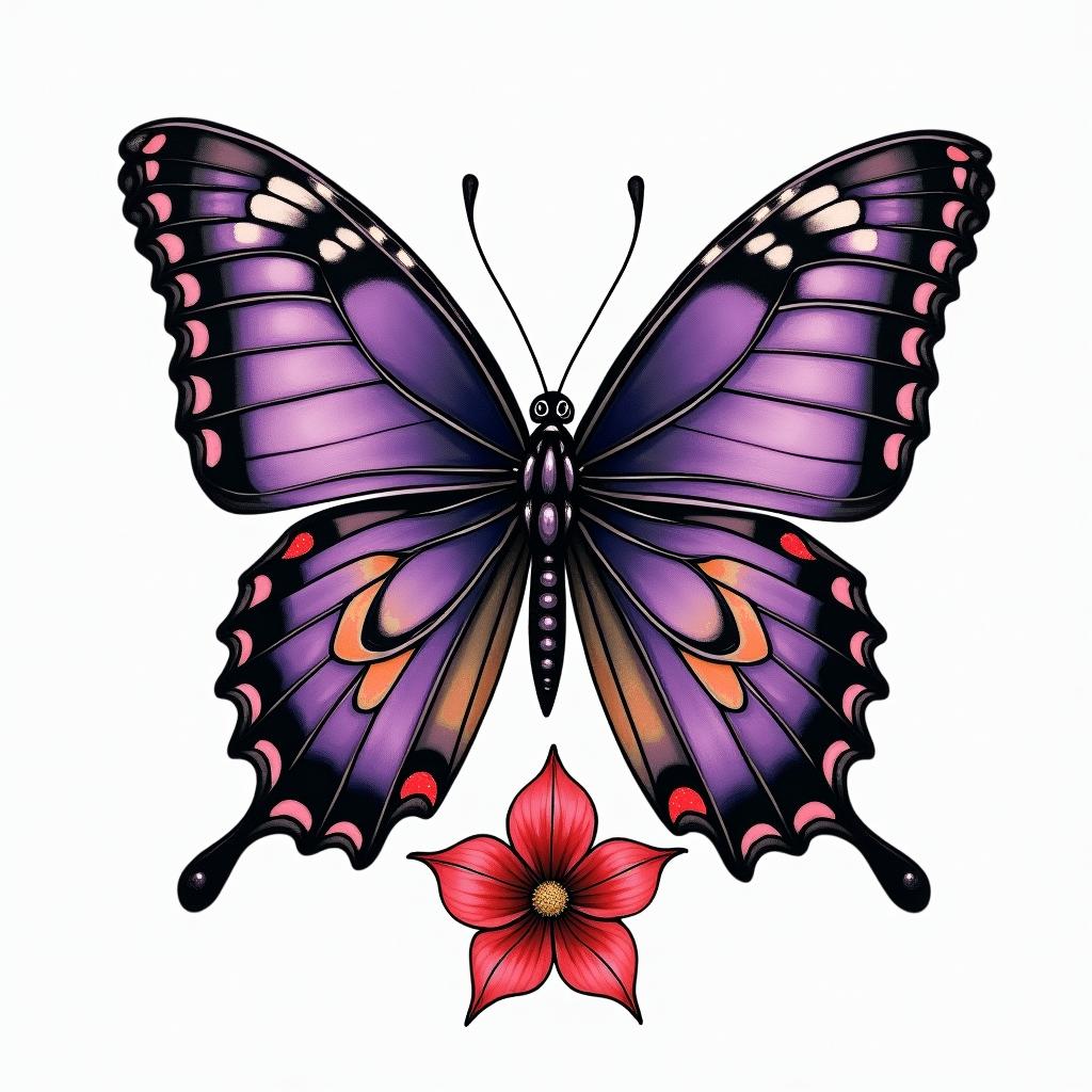 Purple butterfly with a red cardinal and Black eyes Susan flowersin authentic tattoo style, incorporating traditional modifications, bold black outlines, solid color fills, featuring classic authentic elements - Variation 4