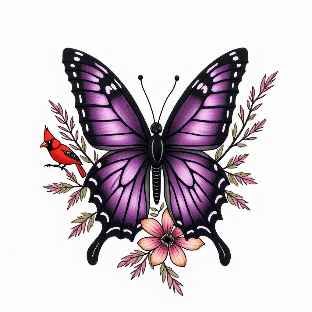 Purple butterfly with a red cardinal and Black eyes Susan flowersin authentic tattoo style, incorporating traditional modifications, bold black outlines, solid color fills, featuring classic authentic elements - Variation 3