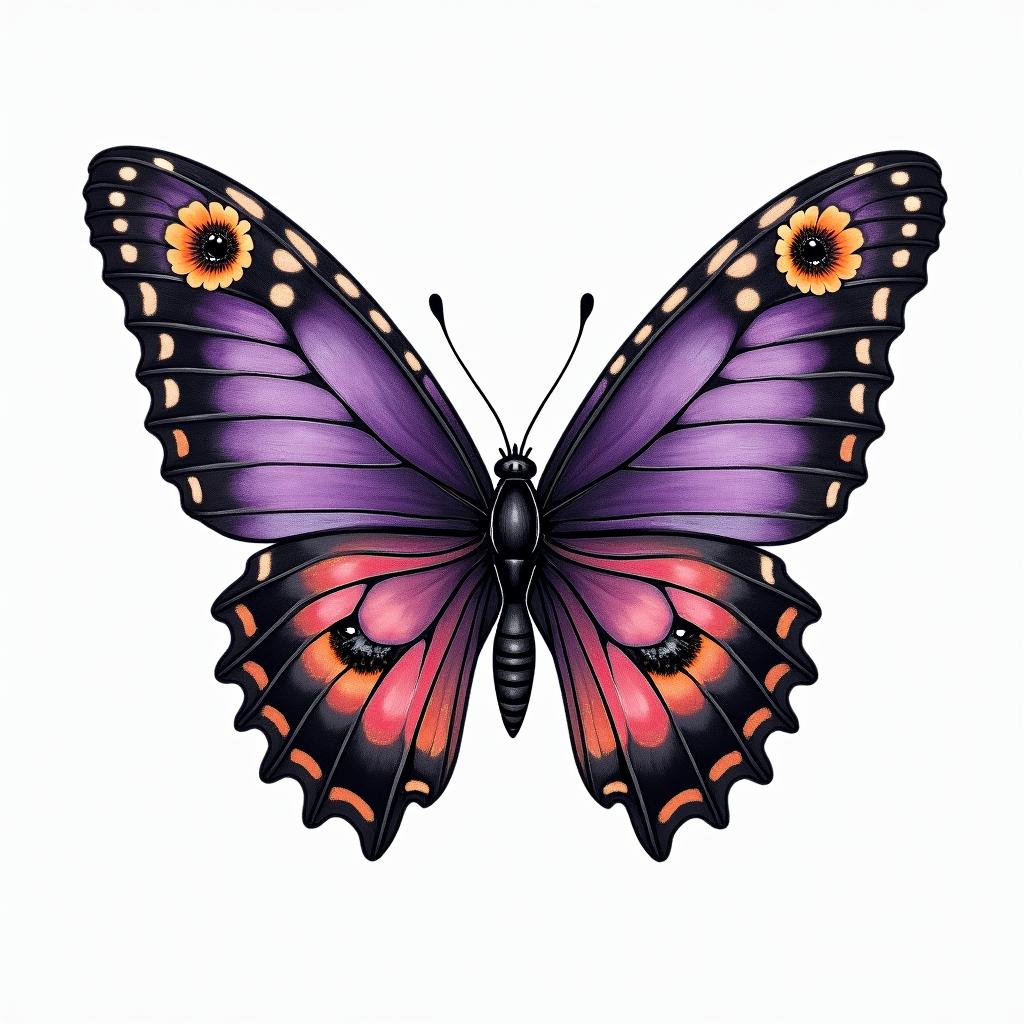 Purple butterfly with a red cardinal and Black eyes Susan flowersin authentic tattoo style, incorporating traditional modifications, bold black outlines, solid color fills, featuring classic authentic elements