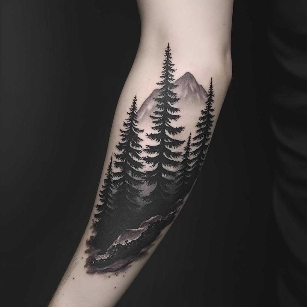 Pine forest with mountainsin realism tattoo style, featuring a highly detailed, lifelike, capturing every detail, photorealistic, ultra realistic, intricate shading, smooth and sharp, - Variation 5