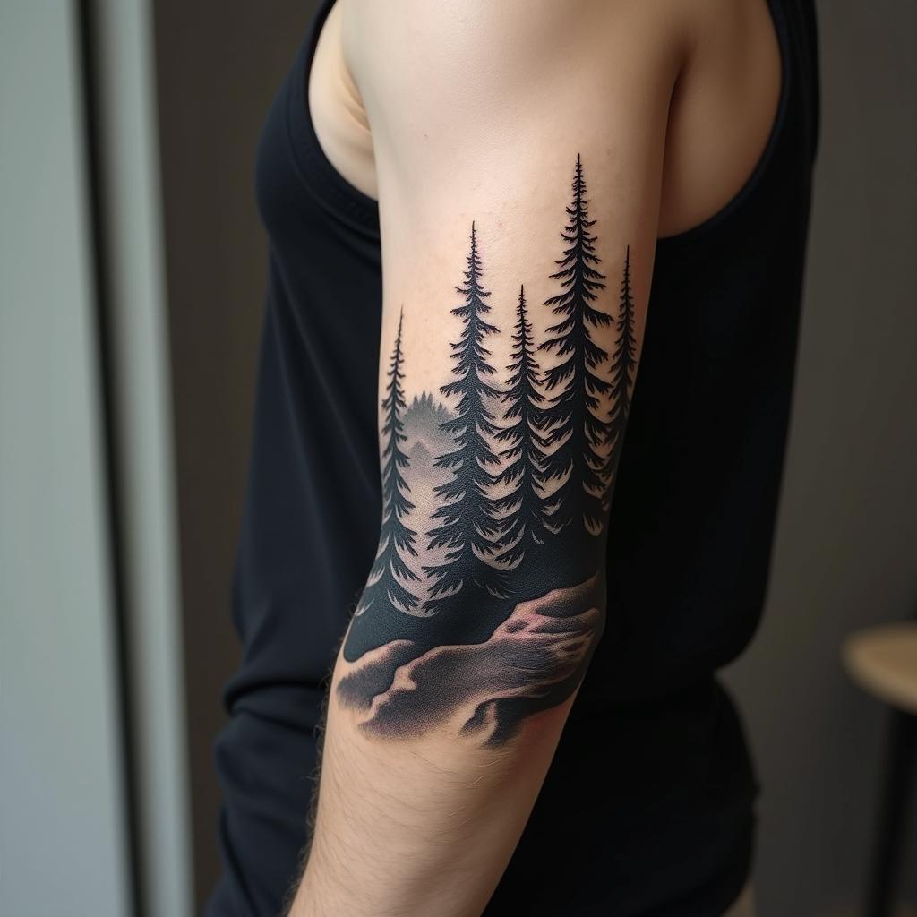 Pine forest with mountainsin realism tattoo style, featuring a highly detailed, lifelike, capturing every detail, photorealistic, ultra realistic, intricate shading, smooth and sharp, - Variation 7