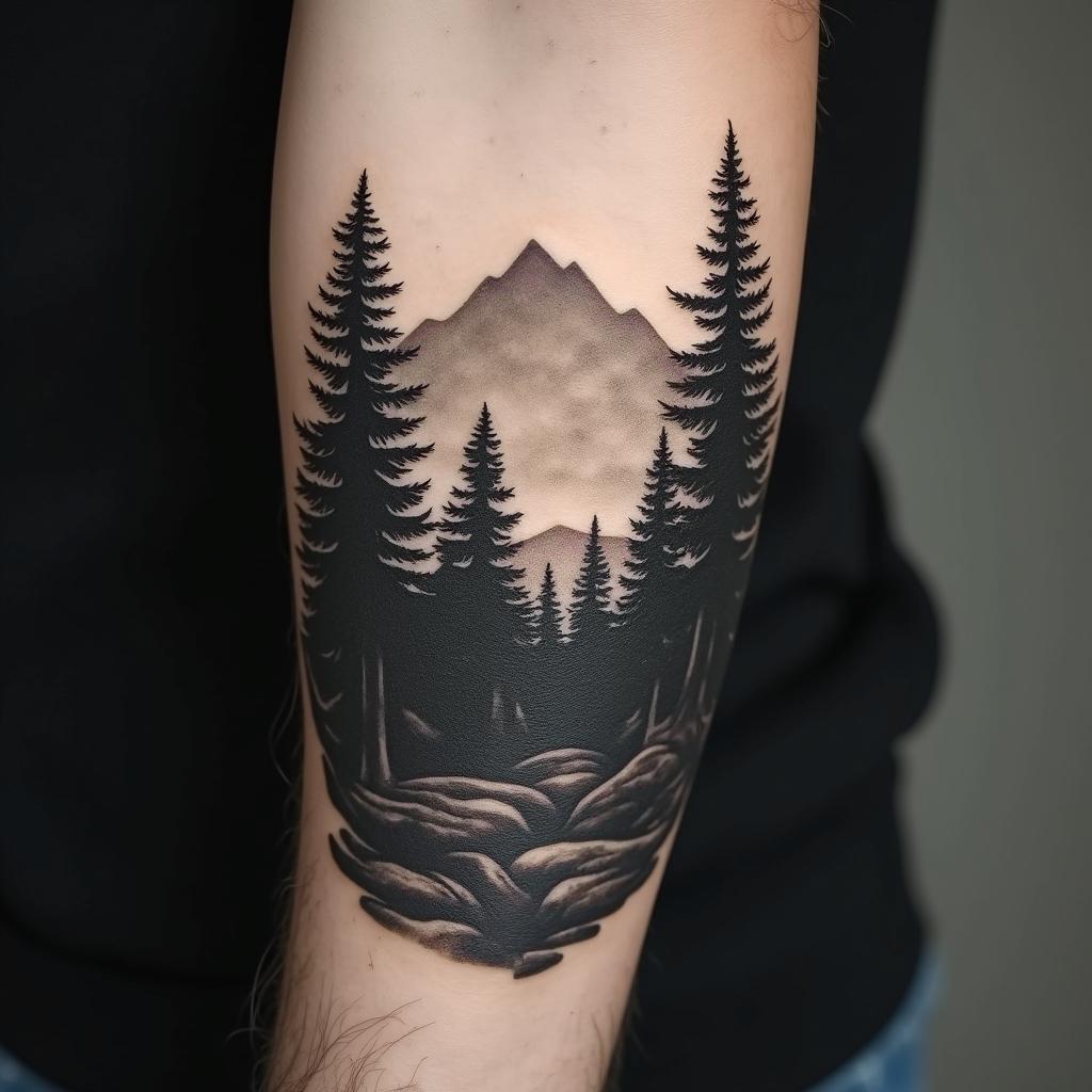 Pine forest with mountainsin realism tattoo style, featuring a highly detailed, lifelike, capturing every detail, photorealistic, ultra realistic, intricate shading, smooth and sharp, - Variation 8