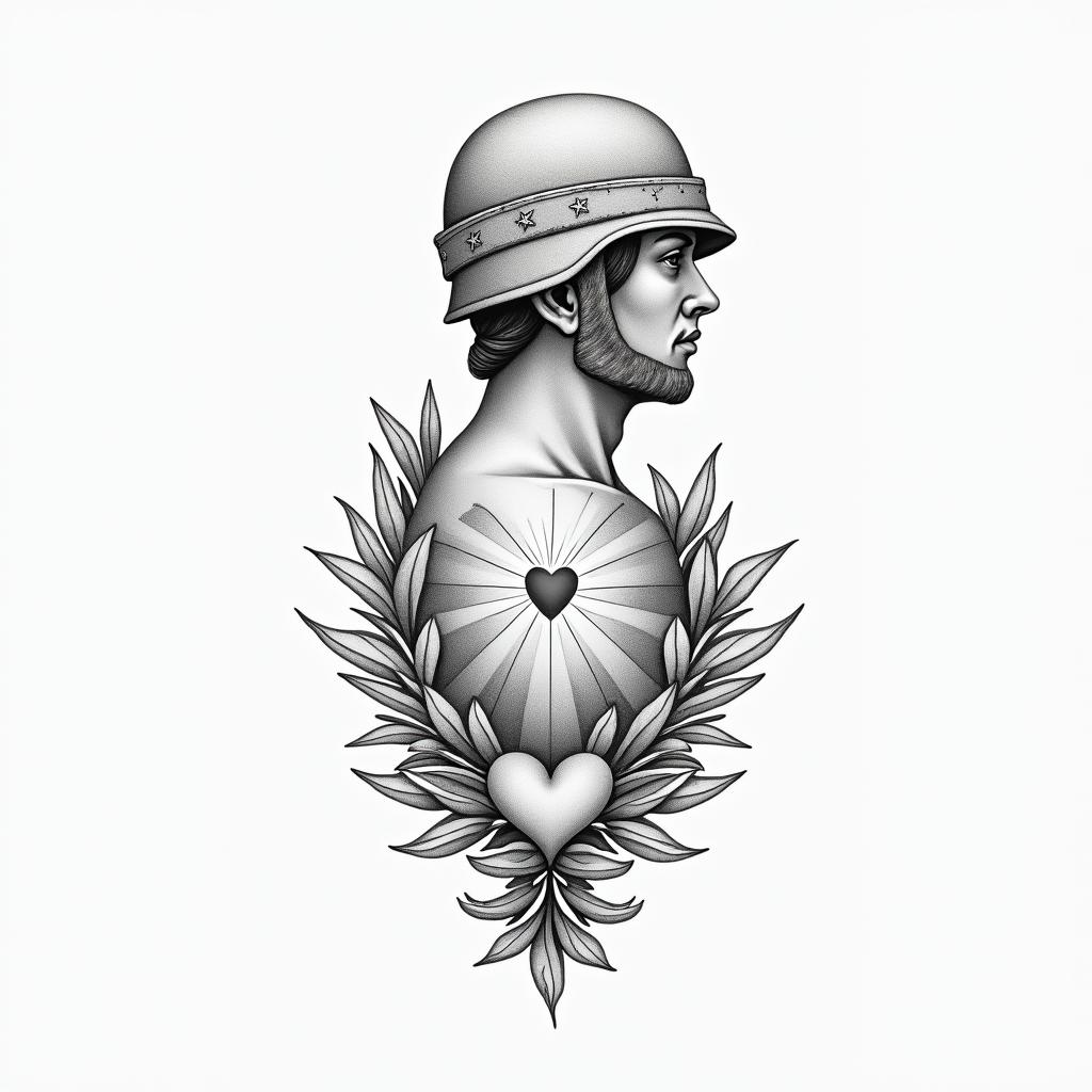 American Soldier, LGBTin Modest style tattoo, featuring soft, delicate line work with simple and meaningful symbols, gentle waves, a heart, evoking a sense of serenity and grace, - Variation 4