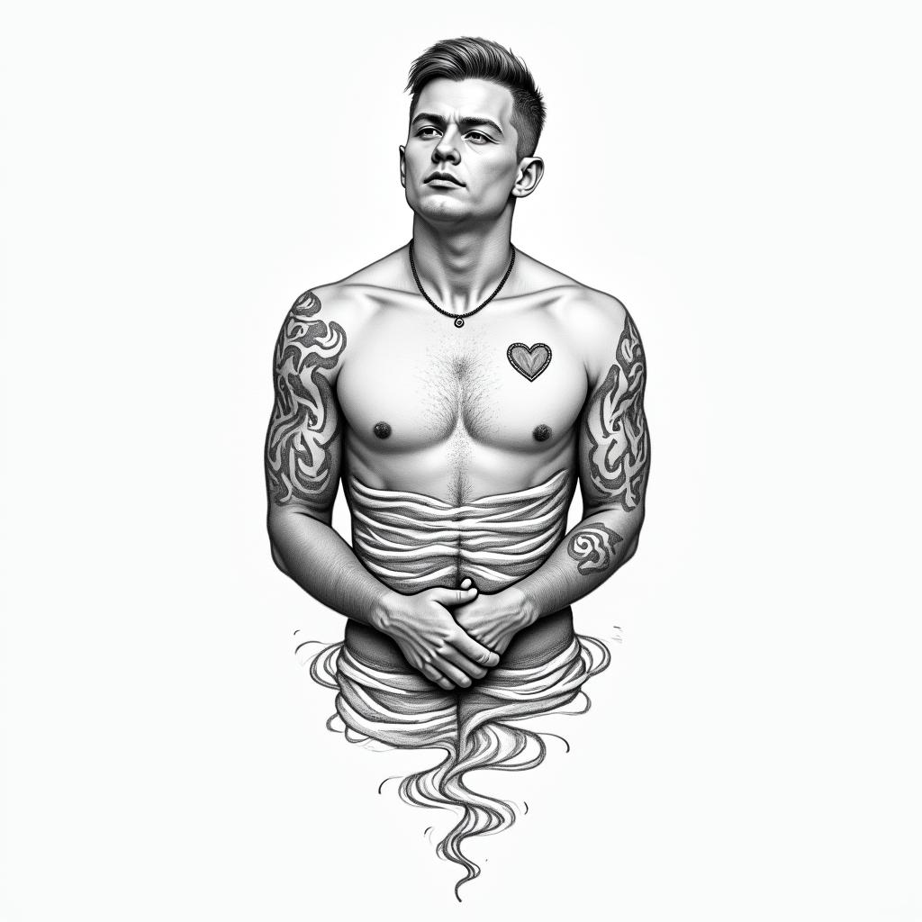 American Soldier, LGBTin Modest style tattoo, featuring soft, delicate line work with simple and meaningful symbols, gentle waves, a heart, evoking a sense of serenity and grace, - Variation 2